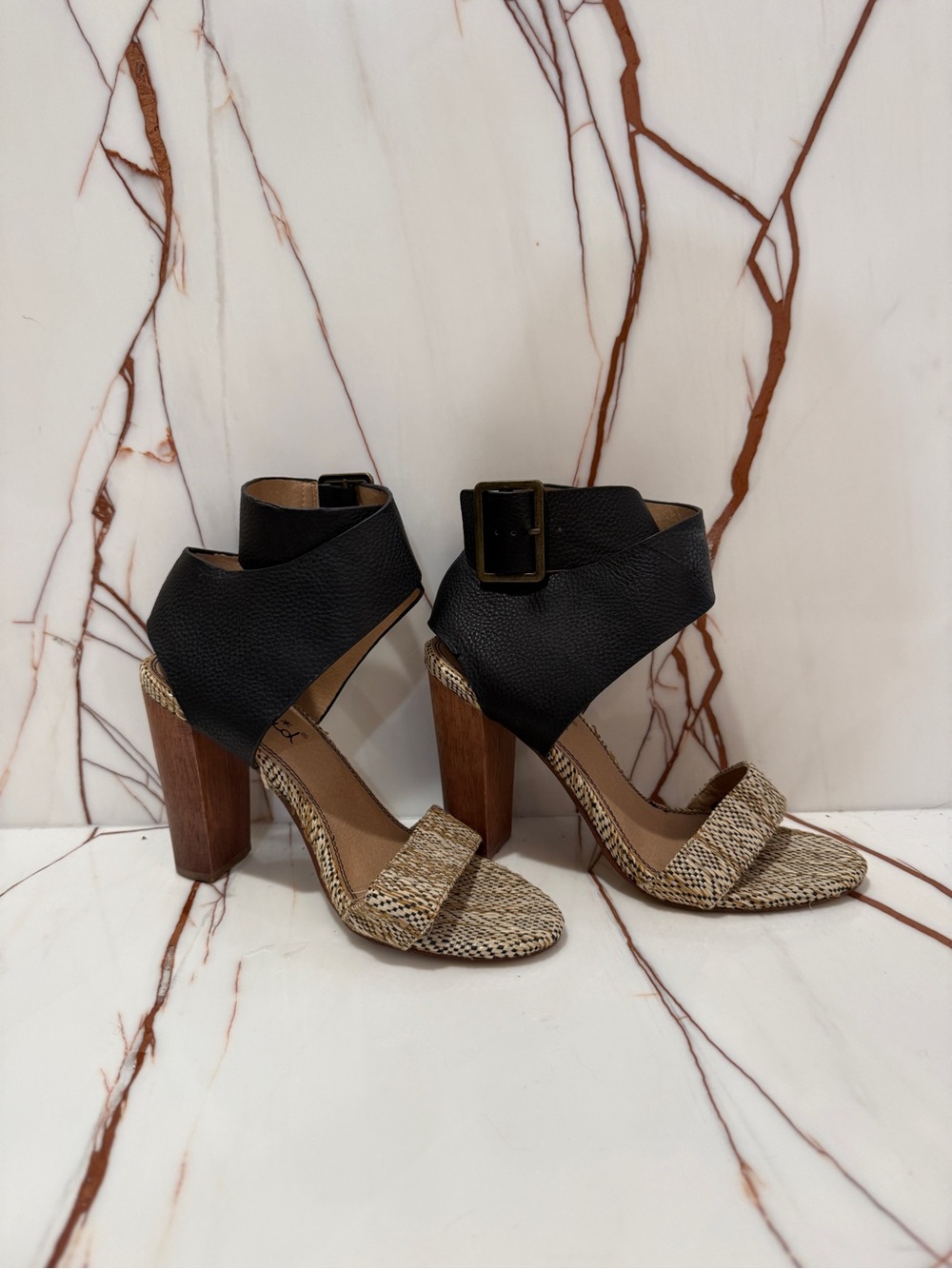 Splendid Textured Raffia & Black Leather Wrap Block Heel Sandals